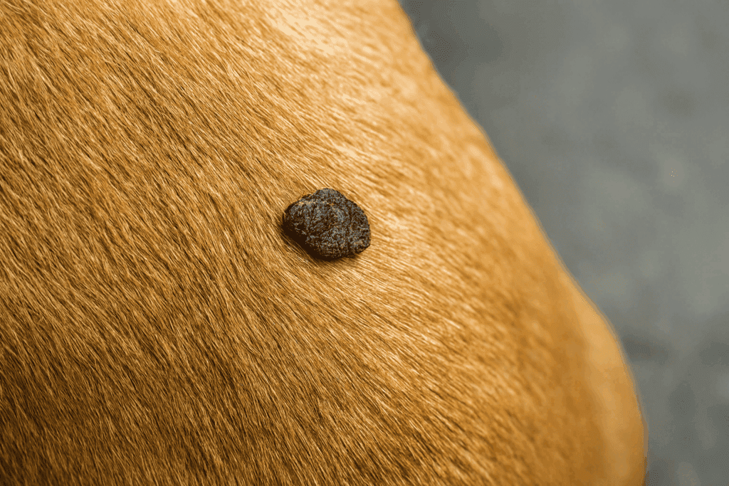 Akurart afbildning, grafik af en seborrhoisk keratose-lignende hudforandring på en hund med kort, gyldenbrun pels. Den mørke, ru og ujævne vækst sidder tydeligt hævet over hudoverfladen og har en tør, skorpeagtig struktur, som er karakteristisk for denne type forandringer. Pelsen omkring er tæt, kort og jævnt fordelt, hvilket fremhæver kontrasten mellem den glatte hud og den mørke læsion.